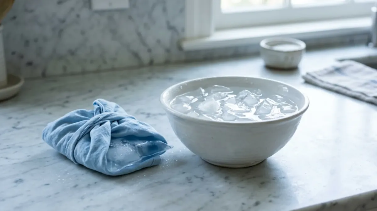 A white bowl of ice cubes next to a blue cloth tied around a small bundle on a marble counter by a window