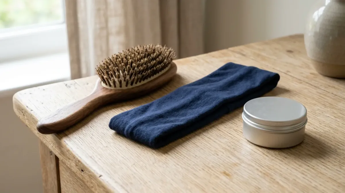 A wooden hair brush, a folded navy fabric headband and a small round metal tin on a light wooden table by a window