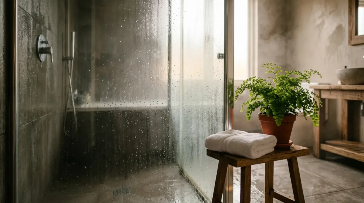 A steamy glass shower screen with water drops beside a wooden stool holding a folded towel and a potted fern in a stone-walled bathroom