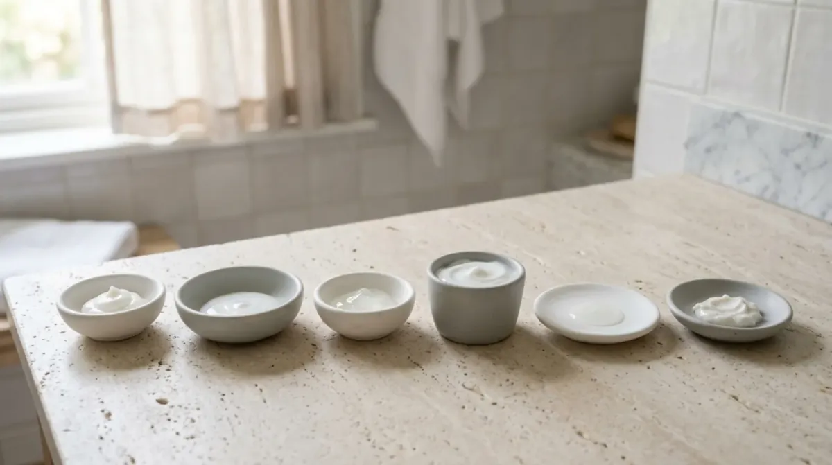 Six small white dishes of cream and lotion lined up in a row on a pale stone counter in a bright bathroom