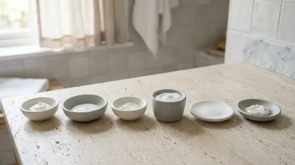 Six small white dishes of cream and lotion lined up in a row on a pale stone counter in a bright bathroom