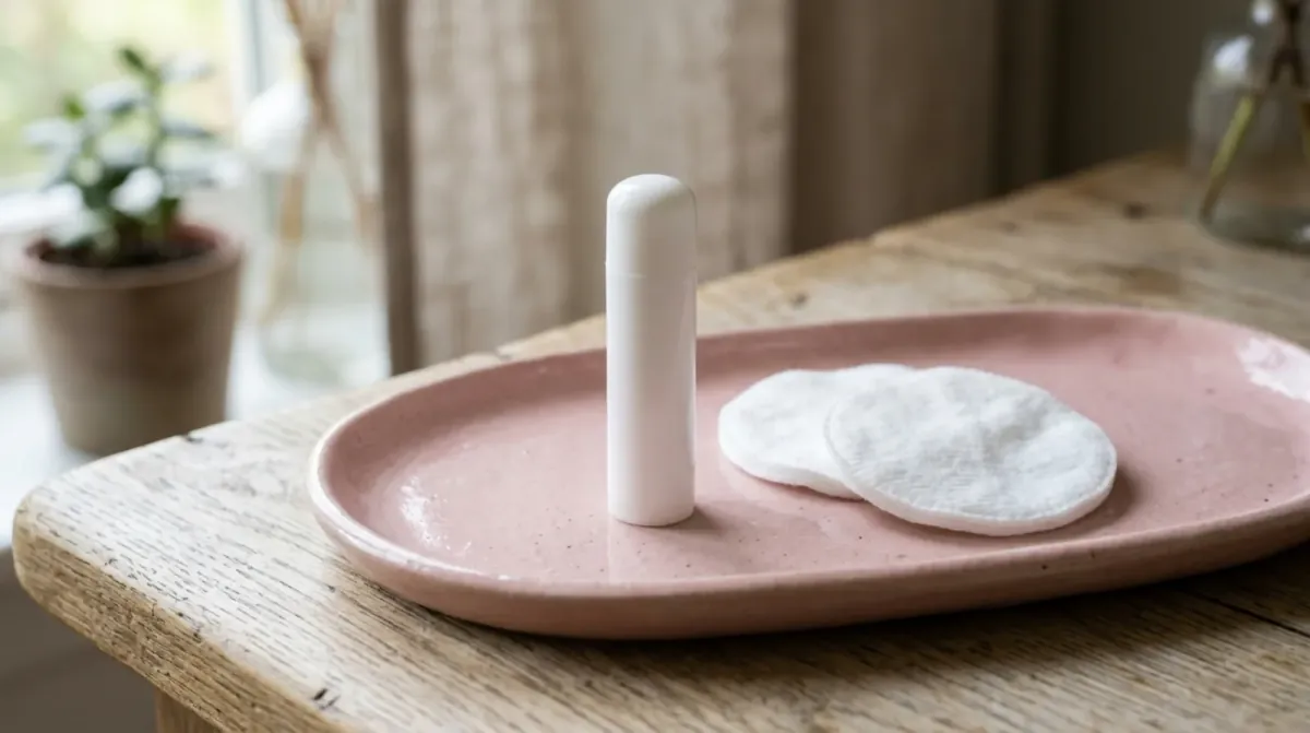 A white lip balm tube and two round cotton pads on a pink dish on a wooden table beside a potted plant