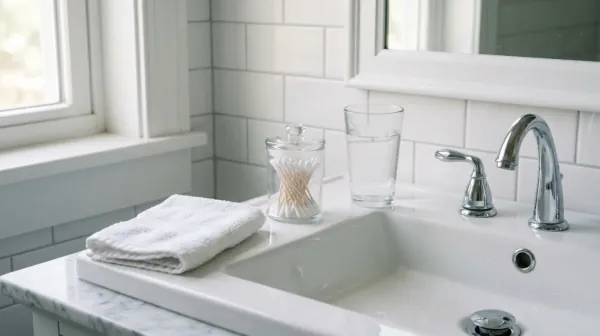 A folded white washcloth on the edge of a white sink next to a glass jar of cotton swabs and a glass of water