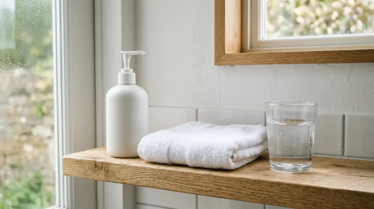 A plain white pump bottle, a folded white towel and a glass of water on a wooden shelf beside a rain-streaked bathroom window
