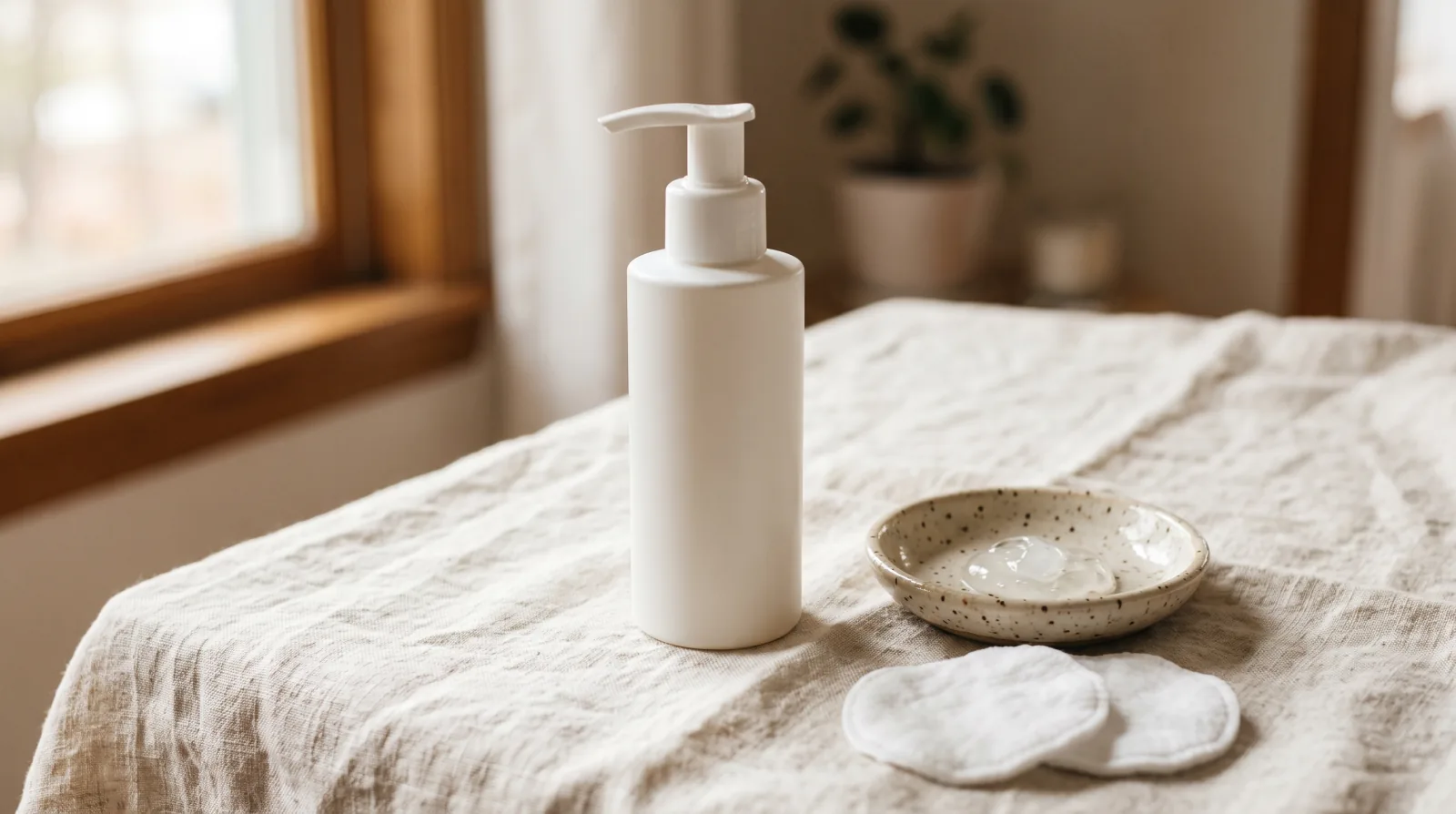 A plain white pump bottle of gel cleanser beside a small ceramic dish of clear gel and two white cotton pads on a linen cloth