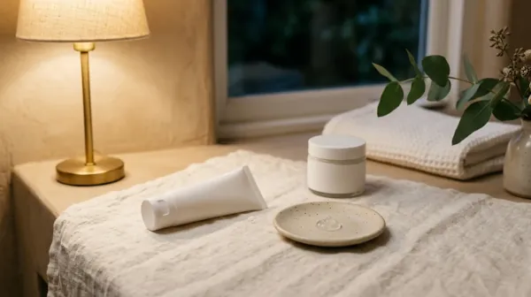 A white gel tube lying on a bathroom counter beside a small dab of clear gel on a ceramic dish