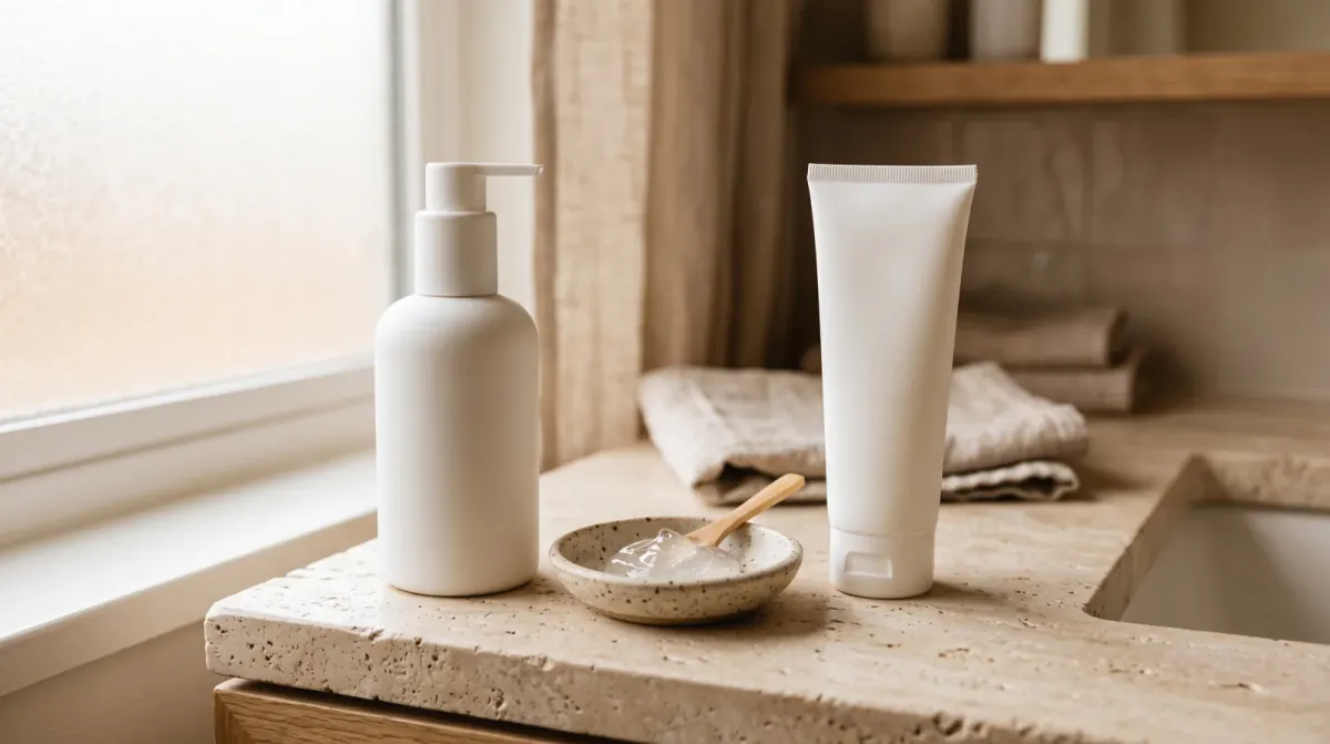 A white pump bottle, a speckled dish holding clear gel with a wooden spatula, and a plain white tube on a stone counter by a frosted window