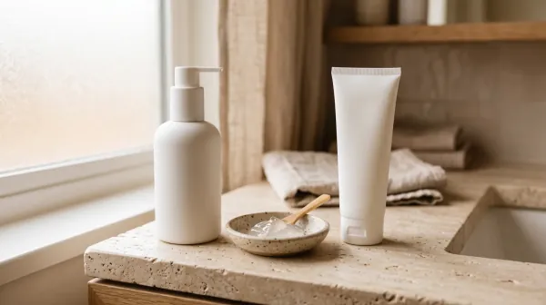 A white pump bottle, a speckled dish holding clear gel with a wooden spatula, and a plain white tube on a stone counter by a frosted window