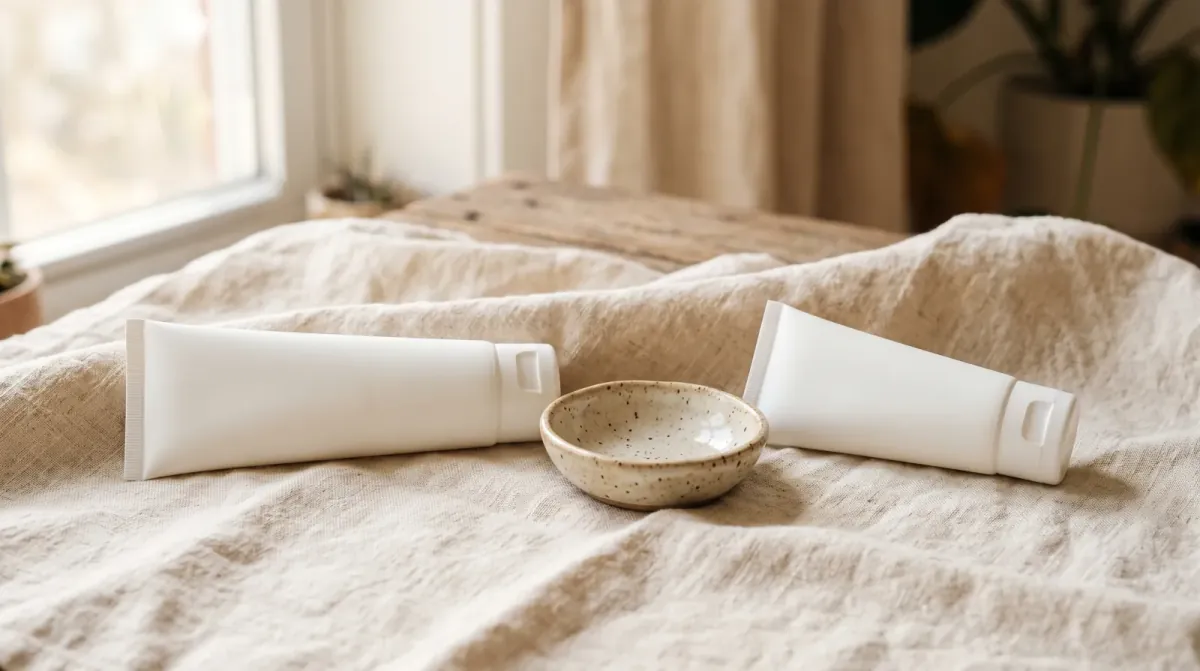 Two plain white tubes lying on a rumpled linen cloth on either side of a small speckled ceramic dish, near a bright window
