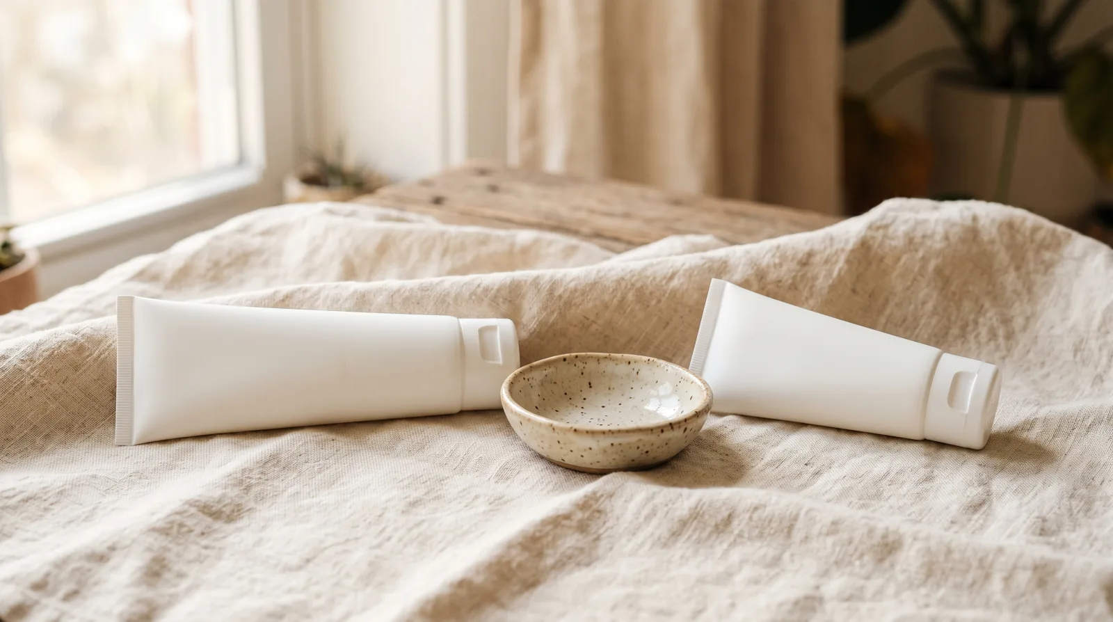 Two plain white squeeze tubes lying side by side on a linen cloth with a small speckled ceramic dish between them