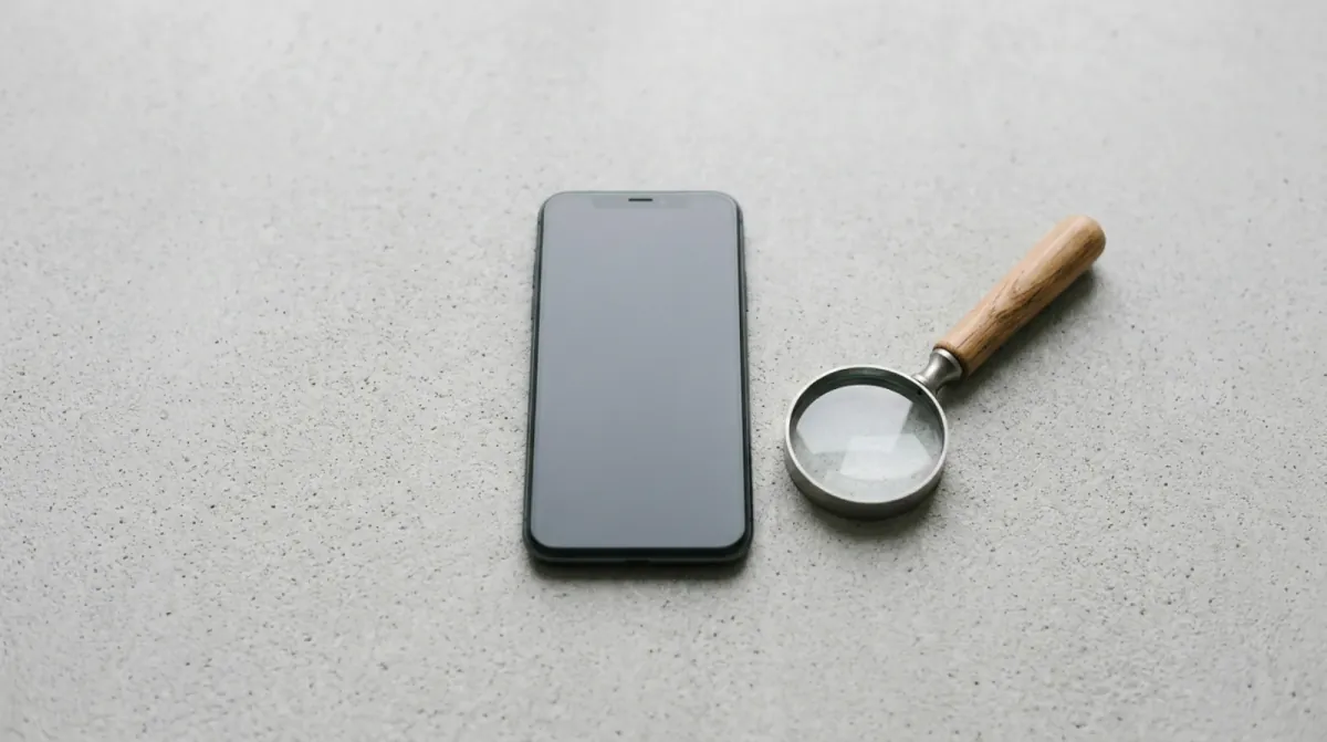 A smartphone lying face down next to a small magnifying glass with a wooden handle on a plain white surface