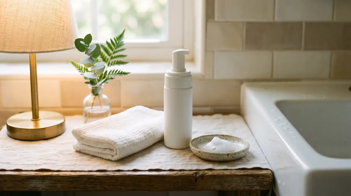 A white foaming cleanser pump bottle, a folded towel and a small dish on a wooden shelf beside a sink, with a lit brass lamp and a fern
