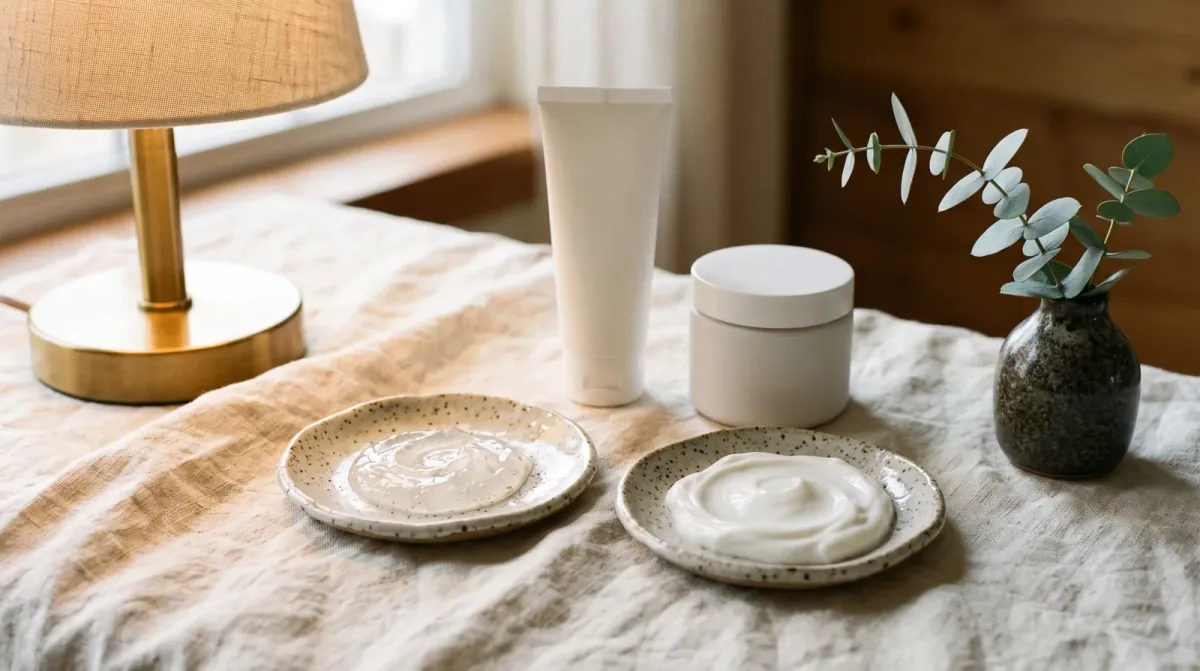A white tube and a white jar on a linen cloth beside two speckled ceramic dishes, one holding a clear gel and one a thick white cream