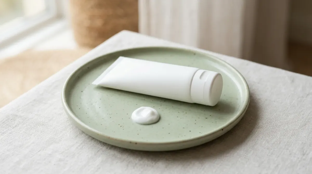 A plain white tube and a small dab of white cream on a sage green ceramic plate
