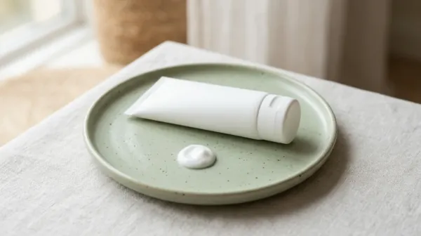 A plain white tube and a small dab of white cream on a sage green ceramic plate