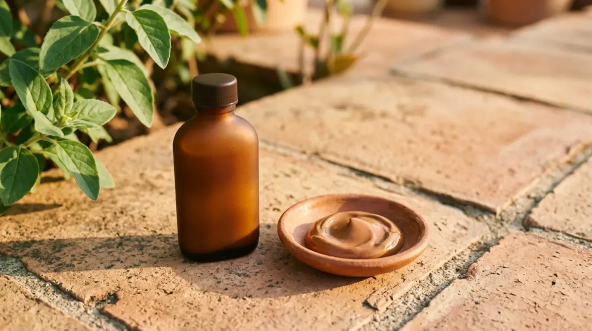 A plain amber glass bottle and a small terracotta dish on warm clay tiles beside a leafy green plant in sunlight
