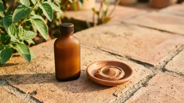 A plain amber glass bottle and a small terracotta dish on warm clay tiles beside a leafy green plant in sunlight