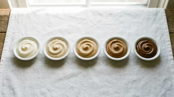 Five small white dishes in a row holding creams in shades from ivory to deep brown on white linen