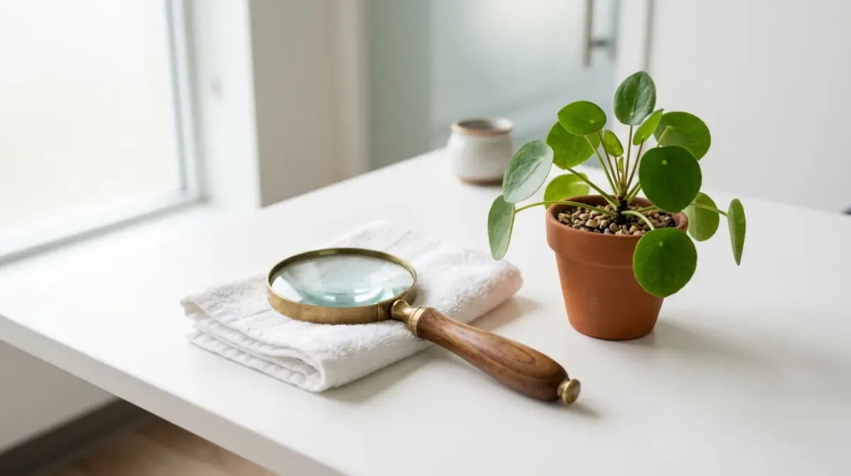 A magnifying glass with a wooden handle resting on a folded white towel beside a potted green plant on a white table