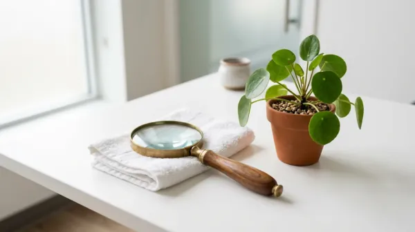 A magnifying glass with a wooden handle resting on a folded white towel beside a potted green plant on a white table