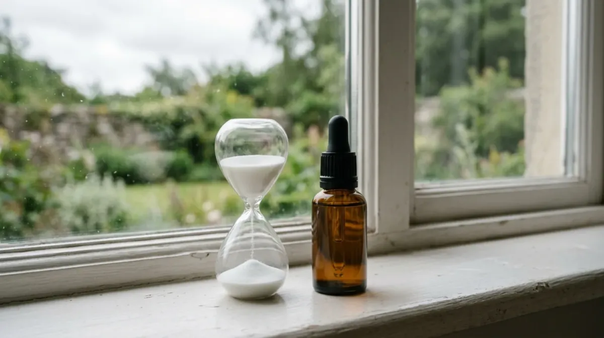 An hourglass with white sand beside a small amber dropper bottle on a white windowsill, with green garden plants outside the glass