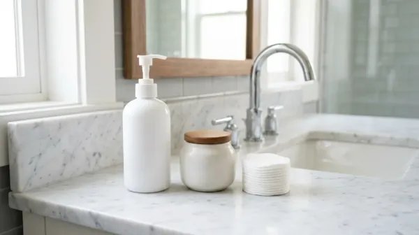 A plain white pump bottle, a small ceramic jar and a stack of cotton pads on a marble bathroom counter