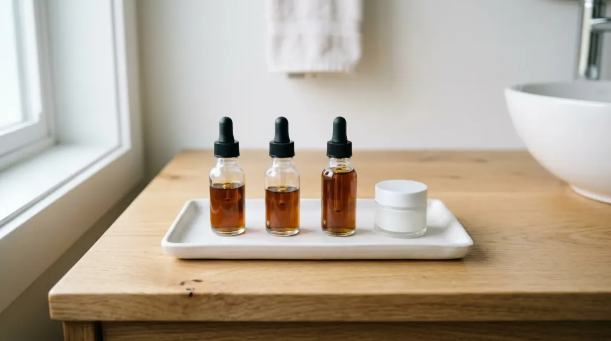 Three small glass dropper bottles of amber liquid and a white jar lined up on a white tray on a light wooden bathroom counter