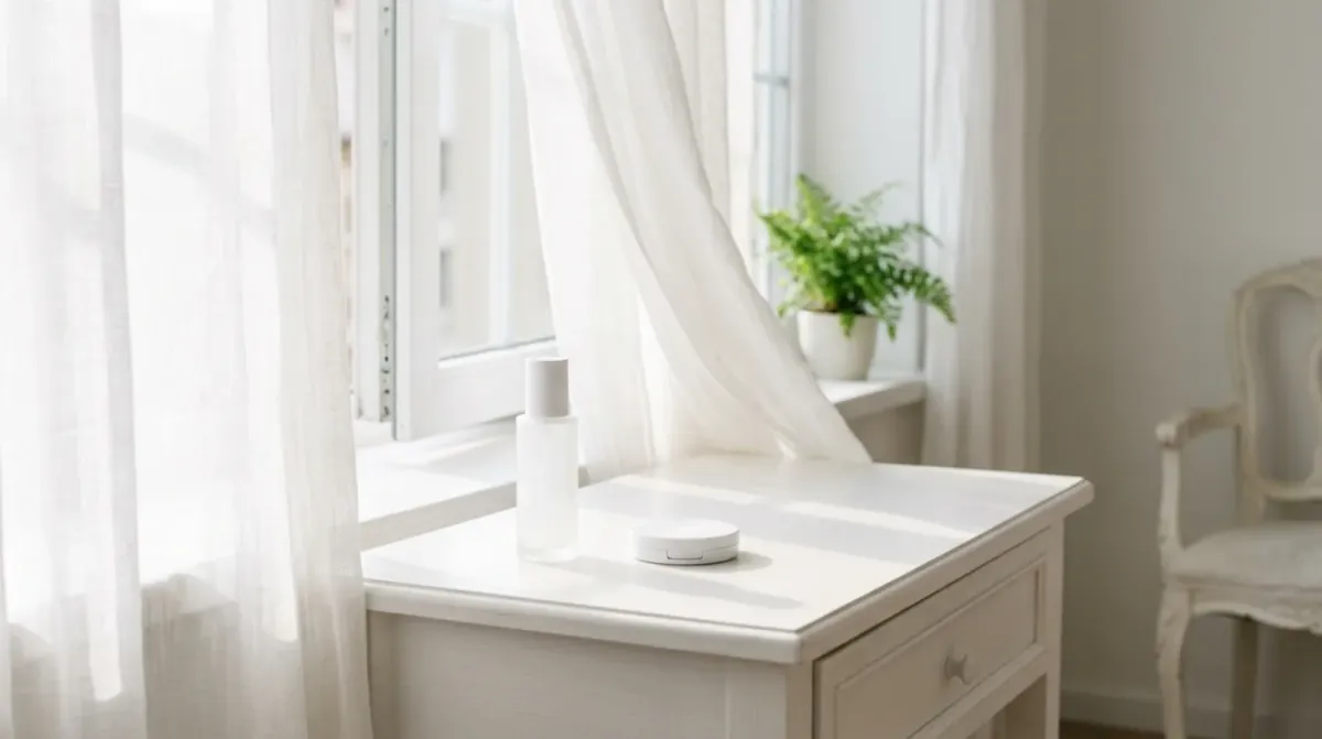 Sunlight through sheer white curtains falling on a white bedside table with a frosted bottle and a small round compact, a fern on the windowsill behind