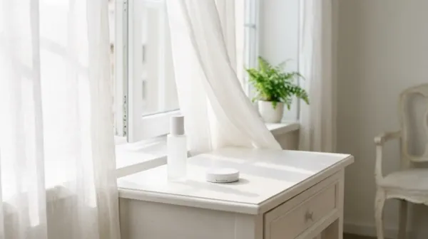 Sunlight through sheer white curtains falling on a white bedside table with a frosted bottle and a small round compact, a fern on the windowsill behind
