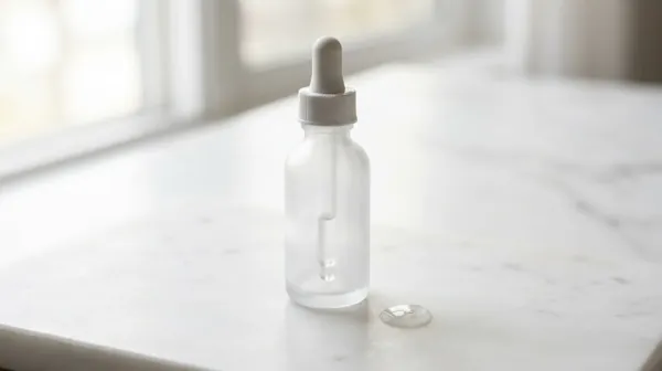 A frosted glass dropper bottle with no label and a single drop of clear serum on white stone