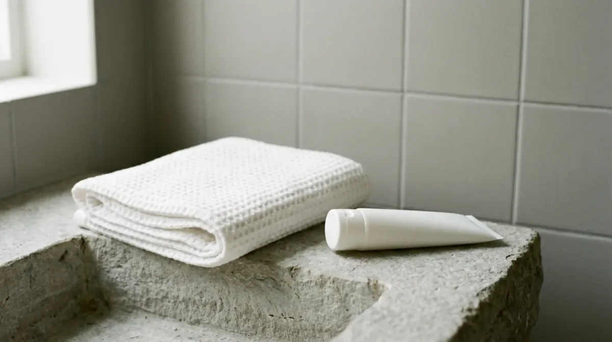 A folded white waffle towel and a small white tube resting on a rough stone ledge against a pale tiled wall