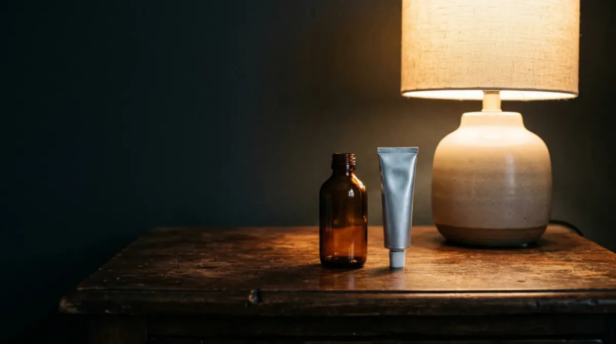 An amber glass bottle and a silver tube standing on a dark wooden table under a lit lamp at night