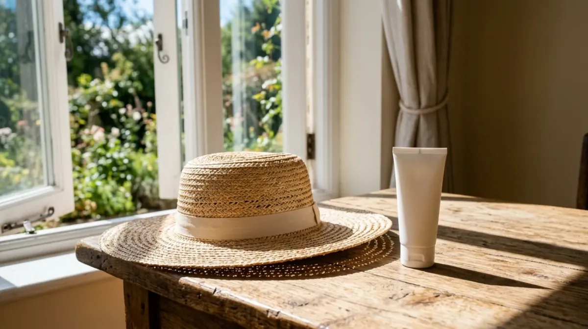 A woven straw sun hat and a white tube of cream on a rough wooden table beside an open window with trees outside