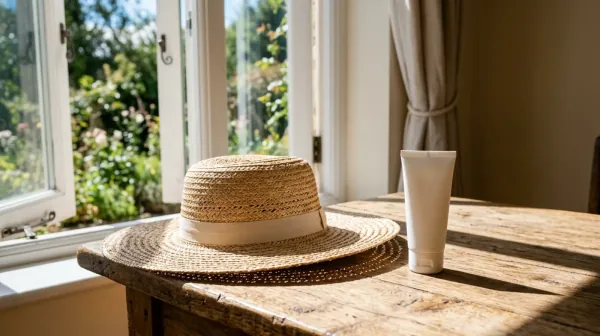 A woven straw sun hat and a white tube of cream on a rough wooden table beside an open window with trees outside