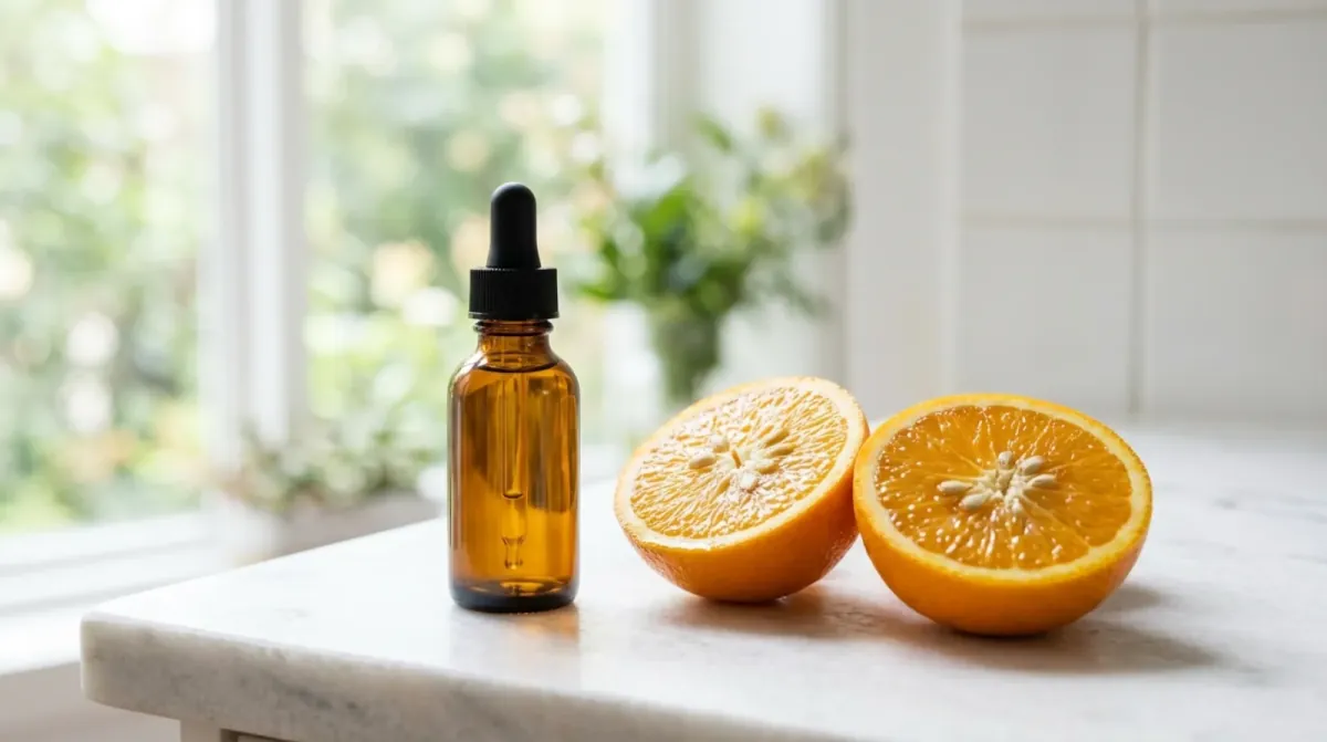 A plain amber dropper bottle beside two fresh orange halves on a white stone counter by a sunny window