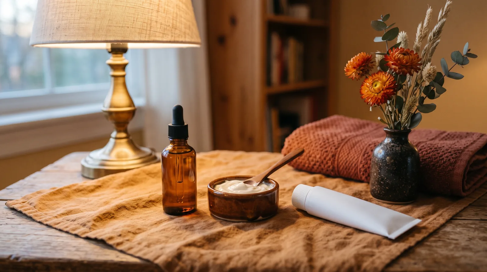 An amber dropper bottle, a small clay bowl of cream and a plain tube on a rust colored cloth by a lamp
