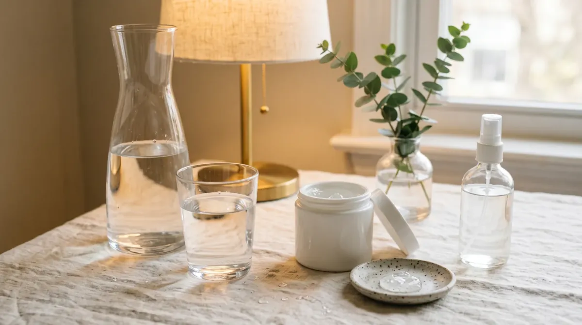 A glass carafe and a glass of water beside an open jar of clear gel, a speckled dish and a spray bottle on a linen table under a lamp