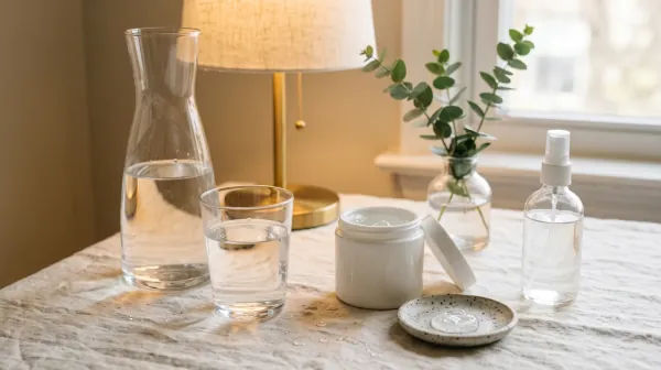 A glass carafe and a glass of water beside an open jar of clear gel, a speckled dish and a spray bottle on a linen table under a lamp