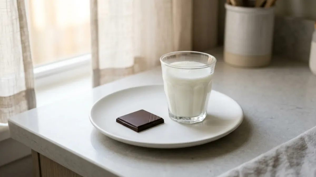 A glass of milk and a square of dark chocolate on a white plate on a pale kitchen counter by a window