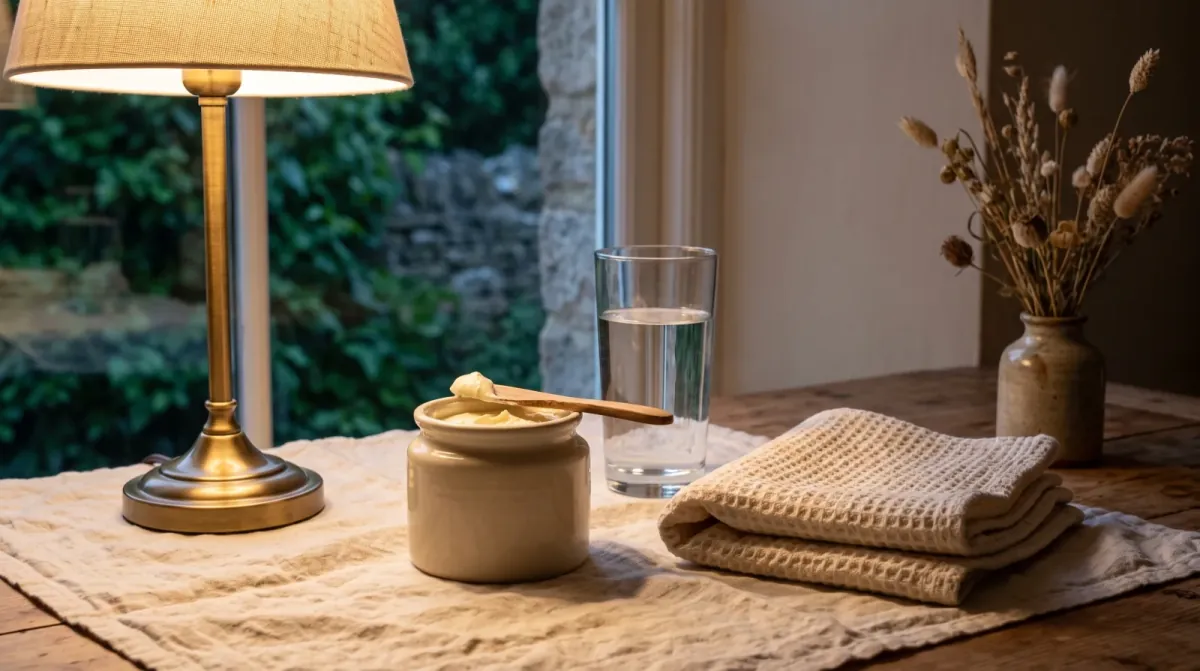 A ceramic jar of thick cream with a wooden spatula, a glass of water and a folded waffle towel beside a lit brass lamp at dusk