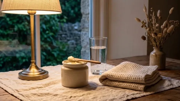 A ceramic jar of thick cream with a wooden spatula, a glass of water and a folded waffle towel beside a lit brass lamp at dusk