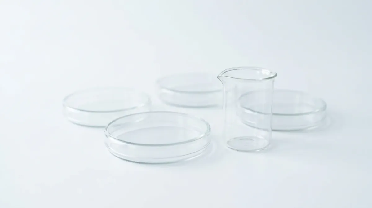Three empty glass petri dishes and a small glass beaker on a plain white surface in soft light