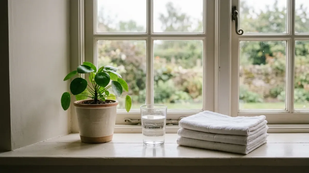 A potted green plant, a glass of water and a stack of folded white towels on a painted windowsill looking out on a garden