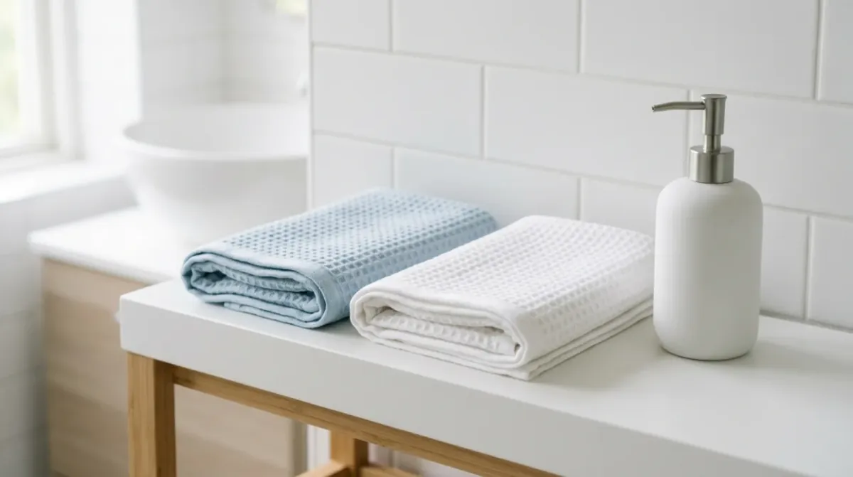 A folded pale blue waffle towel and a folded white waffle towel beside a plain white soap pump on a white bathroom shelf with white wall tiles