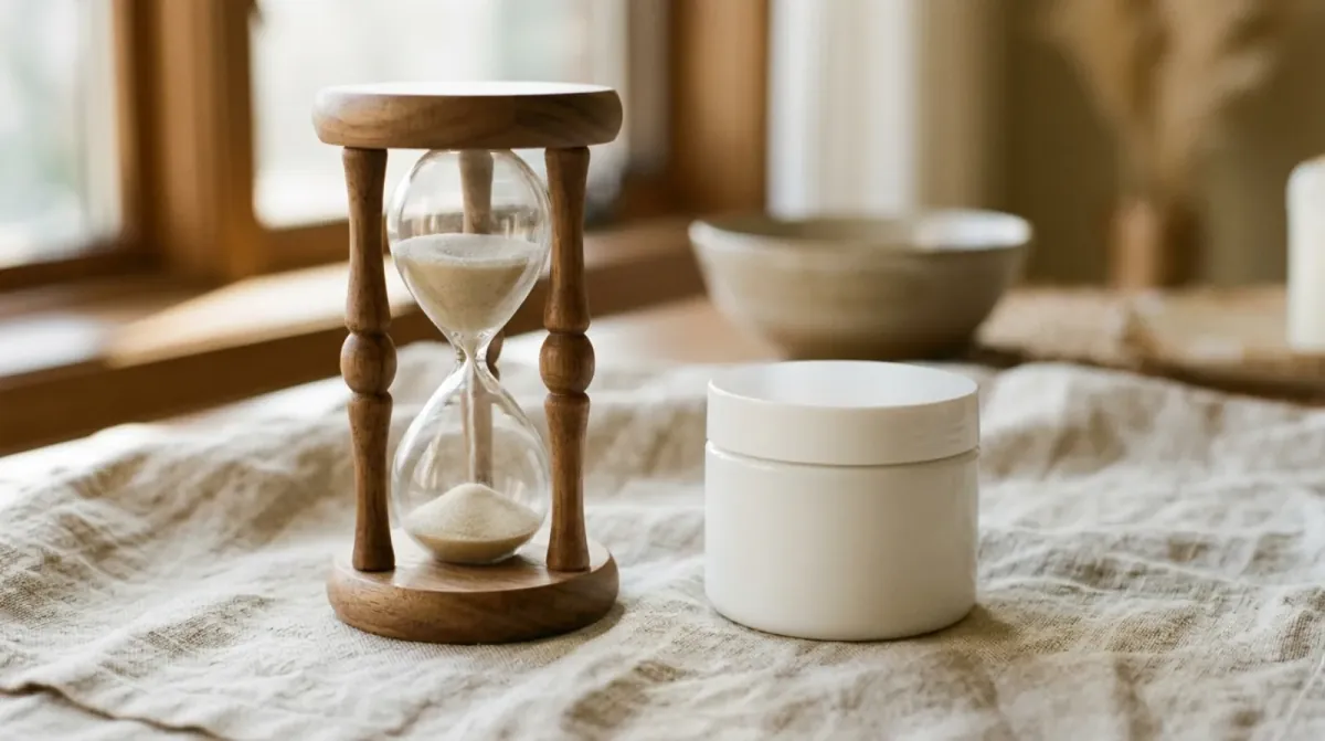 A wooden hourglass with pale sand running through it beside a plain white jar with its lid on, on a linen cloth by a window