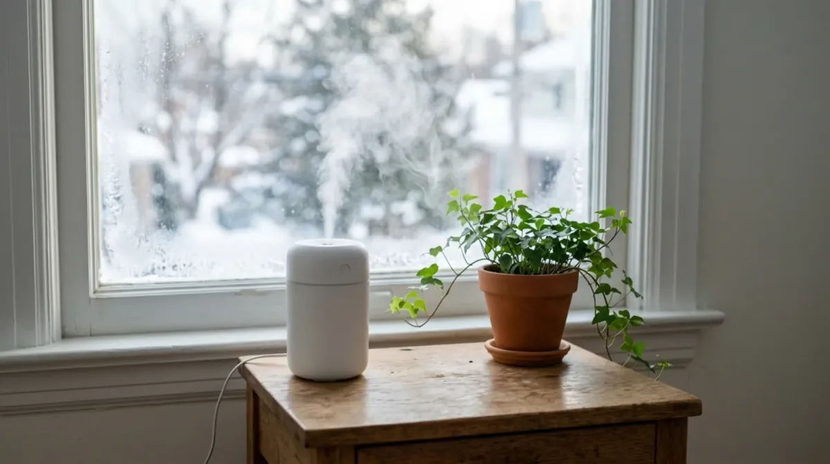 A small white humidifier sending up a plume of mist beside a potted ivy on a wooden side table, in front of a frosted window with snow outside