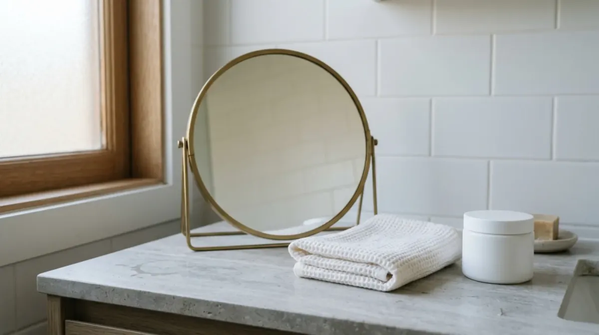 A round gold-framed mirror on a stone bathroom counter next to a folded white towel and a small white jar