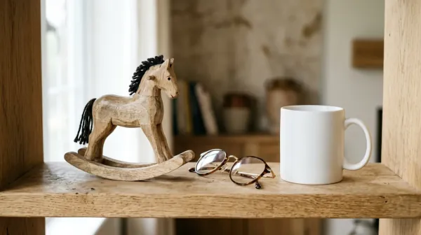 A small wooden toy rocking horse beside a pair of reading glasses and a white mug on a wooden shelf