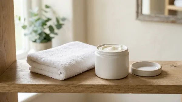 A plain white jar of thick cream with its lid off beside a folded white towel on an oak shelf