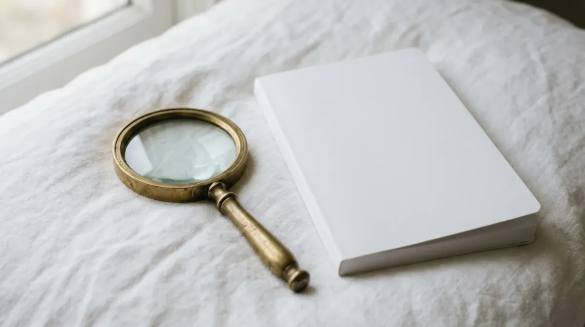 A brass magnifying glass lying next to a closed white notebook on a white linen cloth